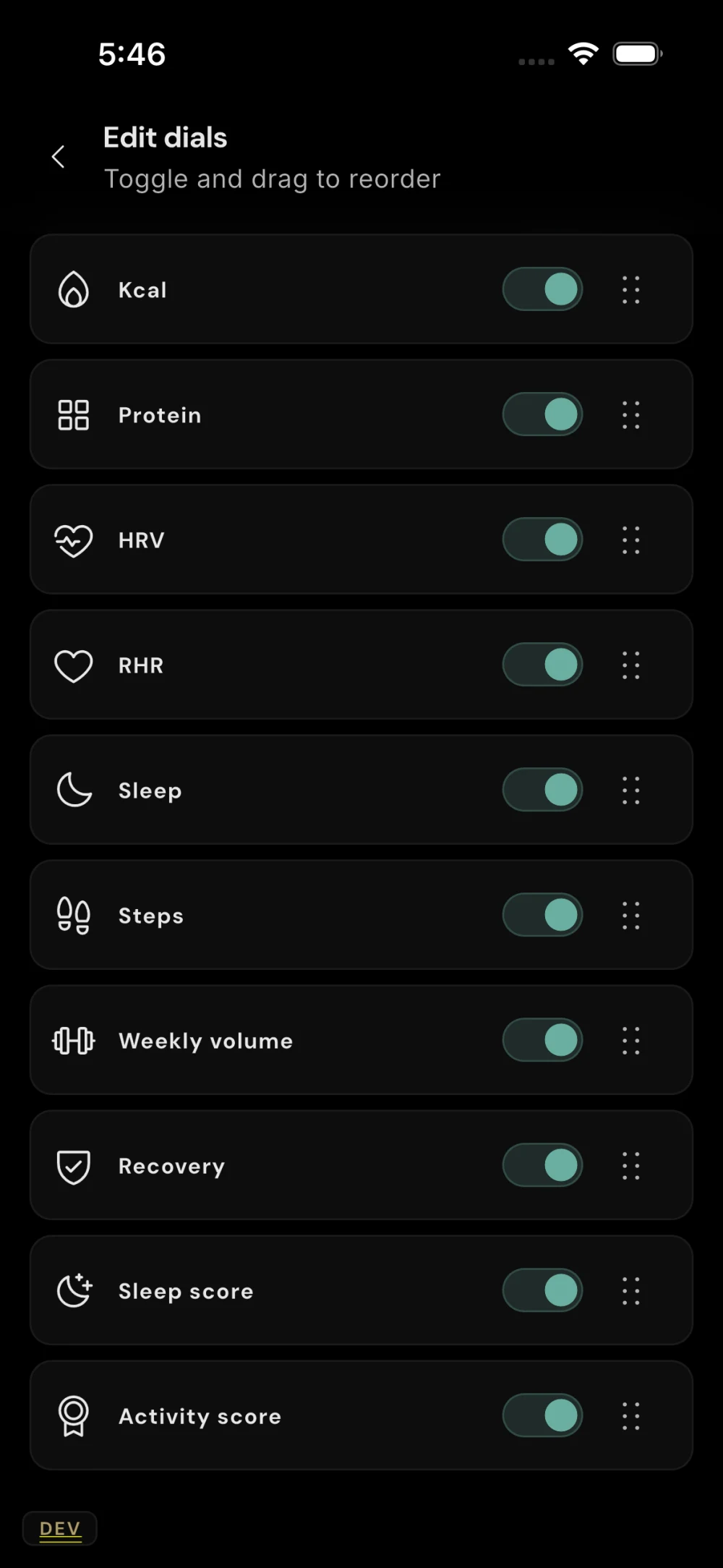 Edit dials: choose and reorder calories, protein, HRV, resting heart rate, sleep, steps, training volume and recovery on Home